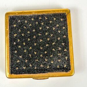 Elgin American Gold Tone Square Powder Compact Case Black Seed Beaded